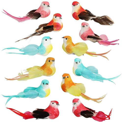 com-four® 12x Dekovogel, künstliche Vögel in 5 bunten Designs | Wintervögel mit Federn und Metall-Clip - Zier-Vogel für Ganzjahresdekoration - Deko-Federling