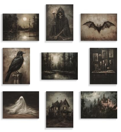 Halloween-Posterdrucke, 9 Stück, 20x25 cm, Dark Academia-Wanddekoration, gruselige Geisterhexe, Rabe, Fledermaus, Spukhaus, Halloween-Bilder, dunkle stimmungsvolle Waldlandschaft, Kunst, Gothic-Dekor
