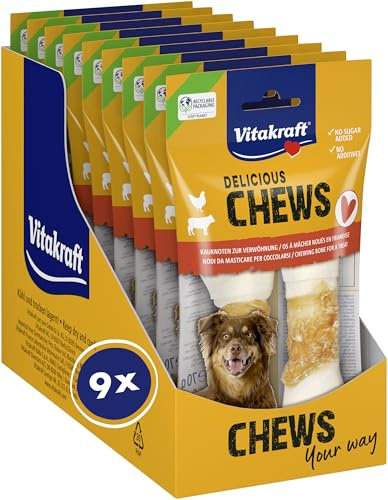 Vitakraft Delicious Chews, Hundekauknochen, Kauknoten aus Rinderhaut umwickelt mit Hühnchenfleisch, zur Beschäftigung, ohne Zusatz von Zucker (9x 70g)