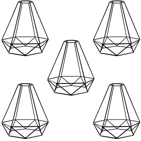 5 Pack Metal Wire Cage Lamp Guards, Black Vintage Industrial Light Covers for Pendant Lights, Diamond-Shaped Ceiling Fixture Shades (Pack of 5)