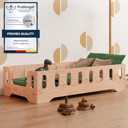 smartwood Bodenbett 120x200 cm mit Rausfallschutz, Holz, TILA 2B | Montessori Kinderbett, Lattenrost belastbar bis 300 kg, FSC-Zertifikat, abgerundete Kanten, Einfache Montage, ab 3 Jahren