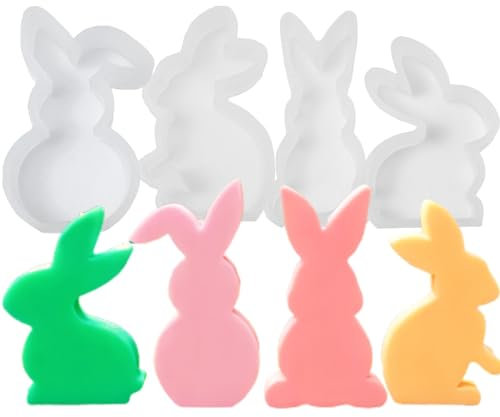 JunD Silikonform Ostern, 4 Stück 3D Ostern Kaninchen Silikonformen Gießformen, 3D Hasen Kerzenformen, DIY Silikonform Kerzen für Seife, Niedliche 3D Kaninchen Kerze Silikonform Gips