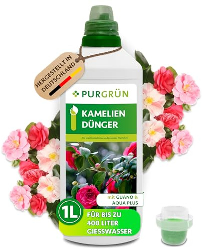 Purgrün® Kameliendünger 1 Liter – Organisch-mineralische Rezeptur – Premium-Flüssigdünger mit Spurennährstoffen – NPK 8+8+6 – Mit Guano & Aqua Plus – Für strahlende Blüten
