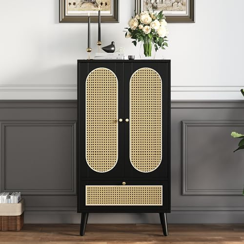 Merax Kommode mit 2 Türen und 1 Schubladen, Modern Highboard Küchenschrank Bücherschrank, Badezimmerschrank aus Holz mit Rattan Türen, für Schlafzimmer & Wohnräume & Büro, Schwarz, 60 x 40 x 110,5 cm
