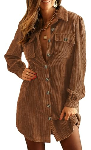 Alaster Queen Women's Corduroy Coffee Long Sleeve Work Dresses 2025 Fall Winter Lapel Neck Tunic Short Dress with Pocket