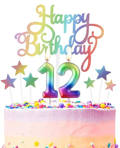 mciskin Regenbogen 12. Geburtstag Kerzen, Metallische Kuchenaufsätze mit Zahl 12, Happy Birthday Buchstaben, Sternförmige Kuchenaufsätze, Geruchlos, Umweltfreundlich, Wiederverwendbar
