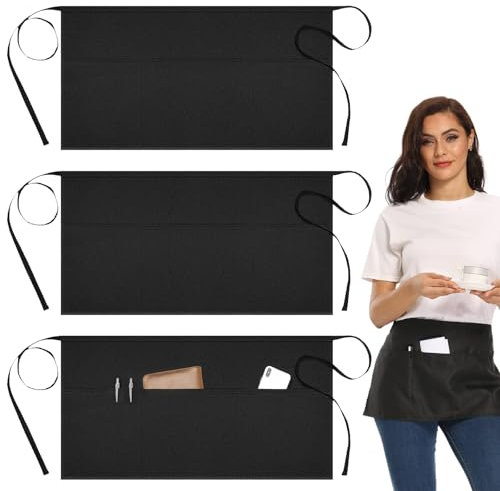 Asheyya 3 Pack Waitress Apron with Pockets, Anti-Dirt Black Waist Apron for Home Kitchen Restaurant Work Chef Waiter Cooking Baking