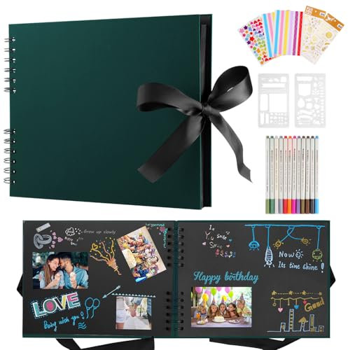 DazSpirit Photo Album Scrapbook - 80 Page DIY Memory Book with 12 Metallic Pens & 8 Photo Stickers, Holds 420 Photos - Scrapbook Kit, Perfect for Writing, Drawing, and Storing Memories(Dark Green)