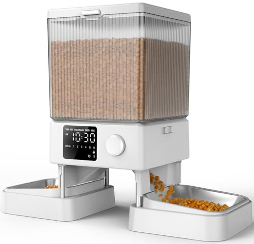 Oneisall 5L Mangiatoia Automatica per Gatti e Cani Con 2 Ciotole - Distributore di Cibo Con Pulsante Unico, Facile da Usare, Ciotola in Acciaio Inox, Registratore Vocale