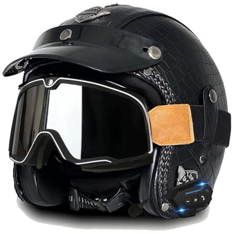 Bluetooth Jethelm Motorradhelm ECE Zertifizierung Integrierter Bluetooth-Helm Jet Scooter Helm Rollerhelm Jet-Helm Herren Damen Mit Schutzbrille 11,L(59~60CM)