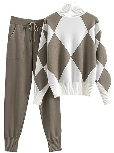 Keepink 2-teiliges Strickset für Damen, langärmelig, V-Ausschnitt, farbige Nähte, Pullover, Oberteil, weites Bein, Hose, Sweatsuit, Herbst, Winter, trendige Outfits, Trainingsanzüge, Lounge-Set, 046