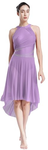 Yhong Damen Ballettkleid Lyrisches Tanz Kostüm mit Mesh Asymmetrisch Rock Ballett Trikot Body Kleid modernen zeitgenössischen Tanz Tüllkleid