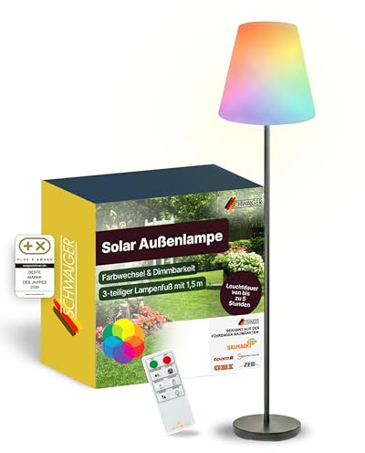 SCHWAIGER Solcell för utomhusbruk solcell stor 1,5 m trädgård utomhus sol golvlampa balkong golvlampa terrass RGB LED IP44 metallstativ med fjärrkontroll solpanel