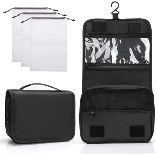 Zivacate Kulturtasche zum Aufhängen, wasserdichte Kosmetiktasche, Kulturbeutel mit Griff, Faltbare Tragbare Waschtasche mit 3 Kordelzug Organizer Tasche für Reisen, Geschäft, Fitness, Camping –Schwarz