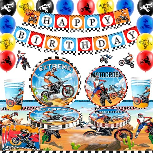 Dirt Bike Birthday Decorations & Dirt Bike Party Tableware Set - Dirt Bike Decorations Plates Tablecloth Banner etc Motocross Birthday Party Supplies