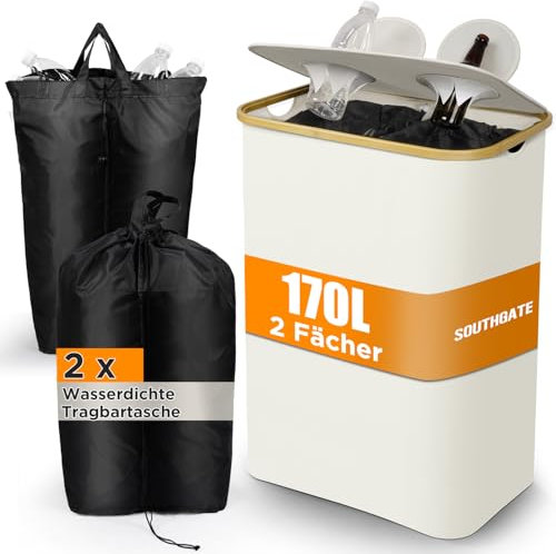 SOUTHGATE 170L Collecteur de Bouteilles Avec Couvercle, 2 Compartiments Poubelle Recyclage, 2 Réutilisables Sac Recyclage, Poubelle Tri Selectif Pour Plastique, Bouteilles Verre, Blanc Laiteux