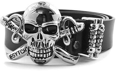 ESYTCH Großer Ledergürtel mit großer Totenkopf-Schnalle, Gothic-Gürtel für Herren, Biker, Rock, Punk, cool