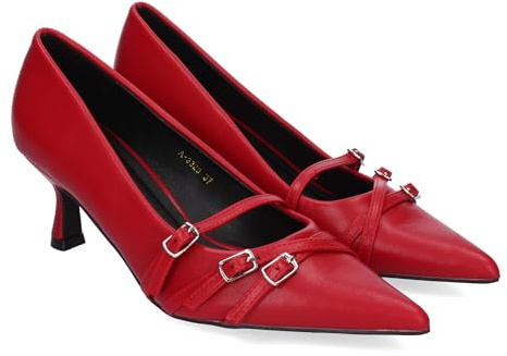 shoes&blues.es 85491 Zapatos de Salon para Mujer, Elegantes y Comodos, Tacon y Puntera Fina, Versalites, Diseno Moderno con Tres Hebillas Metalicas. Rojo Talla 39