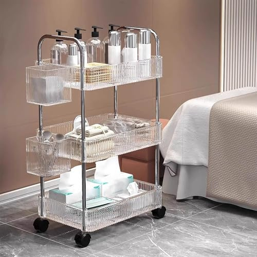SHENJIA Rollbarer Allzweckwagen aus transparentem Acryl mit Rädern, 3/4-stufiger Aufbewahrungswagen für Badezimmer und Küche, mobiler Rollwagen mit Griff und 2 Hängekörben