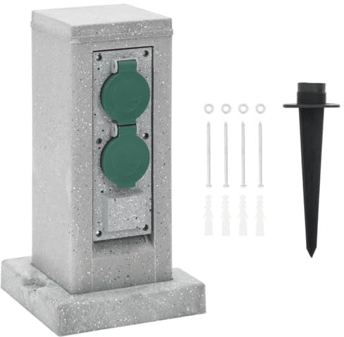 Columna de enchufes exterior, 4 tomas IP44 con tapas, diseño piedra, polipropileno, estación de energía jardín para uso al aire libre