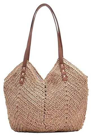 ZACUNXY Strohtasche，Strohtaschen Damen Handgewebte Frauen Schulterhandtasche Sommer Stroh Beach Tragetasche Reise Shopper Weben Einkaufstaschen(Khaki)