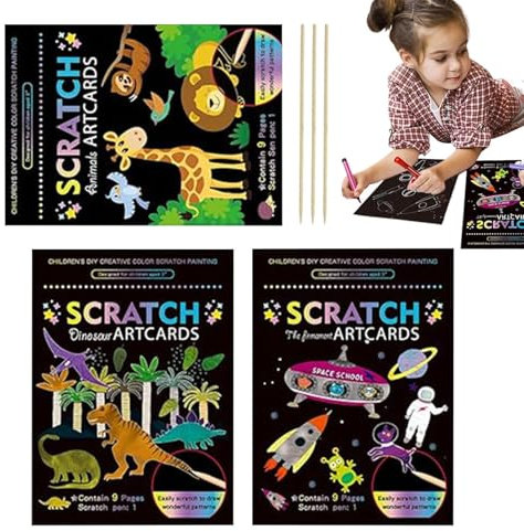 Kratzbilder Für Kinder Ab 3 4 8, 3 Satz Kratzbilder Für Kinder, Magische Regenbogen Kratzpapier Kratzbuch, Magics Scratch Book Kratzpapier Set Mit Kratzstift, Kritzel Kratzel Buch DIYs Kit
