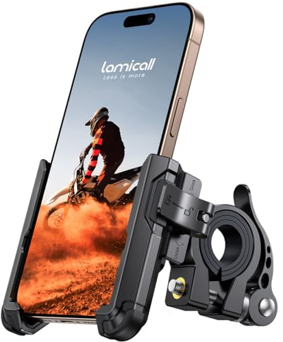 Lamicall Motorcycle Bike Phone Mount - [No Block Camera] [1s Lock] Bike Cell Phone Holder Clamp, Bicycle Scooter Handlebar Clip, Gifts for iPhone 17 16 15 14 Pro Max, Galaxy S25 Ultra, 4.7-7 Phones