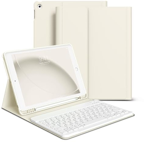 zoyu Hülle mit Tastatur für iPad 9./8./7. Generation 10,2 Zoll, Cremeweiß | Abnehmbare kabellose Tastatur, Auto Sleep/Wake für Cover iPad iPad 9./8./7. Generation 2021/2020/2019 Keyboard, QWERTZ Layout