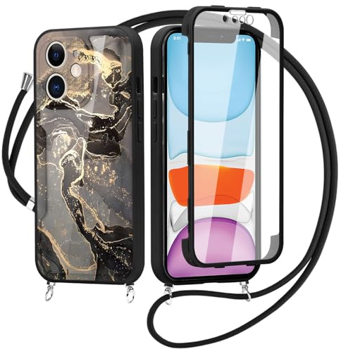 Knrlqim Coque avec Cordon de Collier pour iPhone 11 6,1, 360 Degrés Full Body Étui Aesthetic Marbre Motif Housse, Antichoc Case avec Protecteur D'écran Intégré Lanière Cover pour iPhone 11