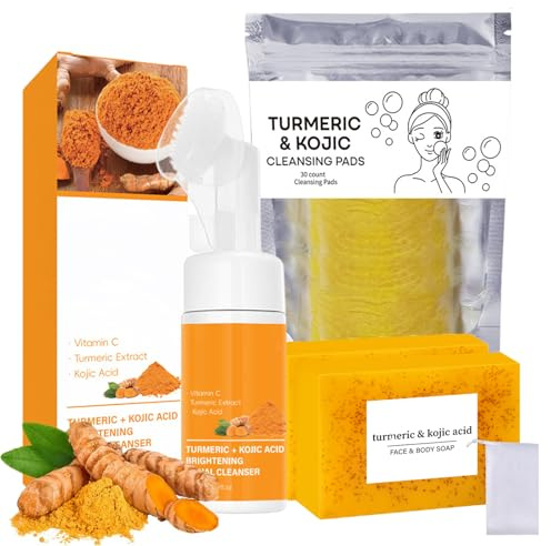 Turmeric Wash and Care Three Piece Set,Tuemeric Facial Cleanser & Turmeric Soap Bar & Turmeric Face Scrub Pads, Turmeric Cleansing Skincare Set for Face & Body, Deep Cleansing
