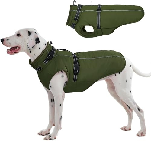 Lelepet Hundemantel für den Winter, Warme Hundejacke mit integriertem Geschirr, Winddicht Mantel mit Fleece Gefüttert für Hunde, Reflektierende Hundeweste für Kaltes Wetter, Armeegrün L