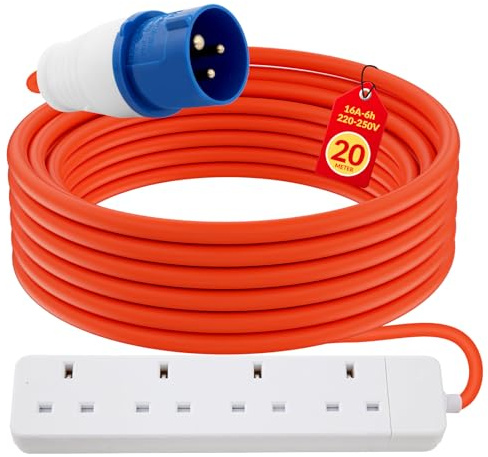 4 Gang Electric Hook Up for Camping,20 Metres 16A to 13A Extension Lead,Heavy Duty-250V Mains Lead for Caravans,Mobile Homes,Motorhomes
