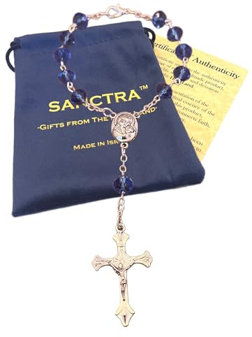 SANCTRA Car Rosary, Handmade and Blessed in the Holy Land, Prayer Beads with Saints Medal and Crucifix, Gift Pouch and Certificate of Authenticity, Rosary for Car Rearview Mirror/Gear Stick/Stalk