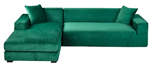 Stretch Velvet Corner Sofa Cover Non-Slip 2-Piece L-Shaped Protector Soft Furniture Cover for 4+2 Seater Corner Sofa - Green and Stylish Home Decor
