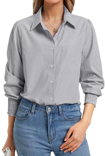 Enmain Camicia Donna Manica Lunga Elegante Grigio Camicia a Righe Donna con Bottoni Camicie in Cotone Lavoro con Tasche Ufficio Scollo a V, XL