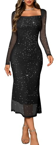 DRESSTELLS Sequin Formal Dresses for Women, Sparkly Long Sleeve Bodycon Mesh Cocktail Wedding Guest Evening Party Prom Gala Funeral Dress Black XL