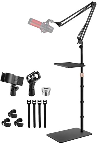 BILIONE Microphone Stand Floor with Tray & Boom Arm, 5.5lbs Weighted Base, Height Adjustable Studio/Podcast Mic Stand w/ 3/8'' to 5/8'' Adapter & 2 Mic Clips Compatible with Blue Yeti QuadCast AT2020