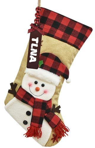 Personalisiert Weihnachtsstrümpfe mit Namen (selbst beschriftbar, nicht gedruckt) -Großer Nikolausstrumpf als hängende Stockings Deko für Kamin, Weihnachtsbaum & Familienfeier (Schneemann)