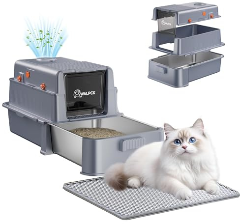 Bandeja de arena para gatos de acero inoxidable con cajón y tapa, caja de arena de metal extraíble XXL con tapa abatible de 105°, inodoro grande para mascotas con desodorante de arena para gatos