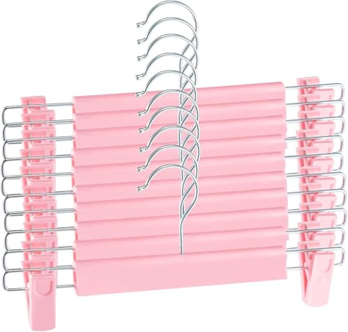 BREEZENEST Plastic Trouser Hangers with Clips – Adjustable Skirt & Pants Hangers, Non-Slip Heavy Duty Hangers for Skirts, Trousers, Jeans, Towels, and Wardrobe Organisation (Pink X 10)