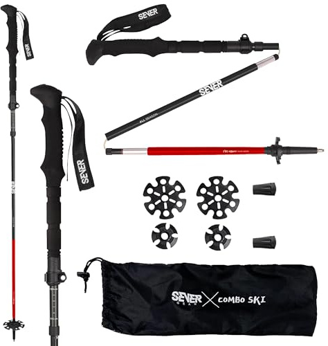 COMBO SKI Nordic Faltbare Wanderstöcke, Trekkingstöcke Aluminium Stöcke verstellbar extra lang bis 145 cm und leicht, 3 Spitzenaufsätzen für Winter- & Sommertouren