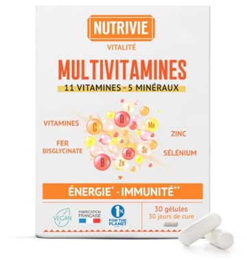 Multivitamines Gélules – 11 Vitamines A,B,C,D,E + 5 Minéraux dont Fer, Zinc, Sélénium – 100% AR – Aide à Réduire la Fatigue, Soutenir l’Énergie & l’Immunité – 1mois – Fabriqué en France – Nutrivie