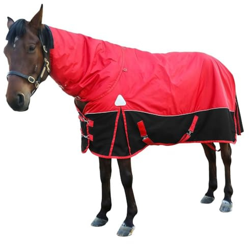 TAUIANE Pferdedecken Mit Sattelgurt, 1200D Wasserabweisende Winterdecken FüR Pferde, Mit Abnehmbarem Halsteil, 400G Warme Polyester FüLlung,Rot,155cm