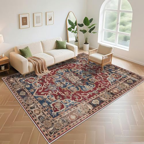 Kunsen Teppich Junge Rutschfester 90x190cm, Rot Blau Vintage Blumenmuster für Wohnzimmer im Freien