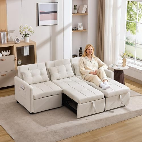 GAWYOEX 3 Sitzer Schlafsofa, klappsofa mit schlaffunktion, Ecksofa/klappcouch mit dreifach Verstellbarer Rückenlehnenhöhe, Sofa XXL mit Seitentaschen, Bettsofa für Wohn- und Schlafzimmer (beige)
