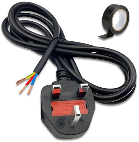 13 Amp Plug UK, 3 Core Electrical Cable, Fully Moulded 3 Pin Fused Plug 250V 1.5m Power Cord Open End Wire, Kitchen Appliances Office Gear Garden Tools Cable Replacement, with Insulating Tape Black