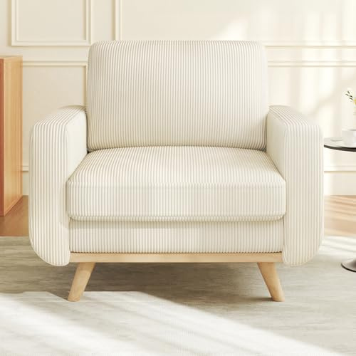 Vesgantti Large Accent Chair Beige, Comfy Corduroy Single Sofa Seat with Spring Cushion, Upholstered Armchair with Deep Seat, Reading Chair for Adults, Modern Sofa for Living Room, Bedroom