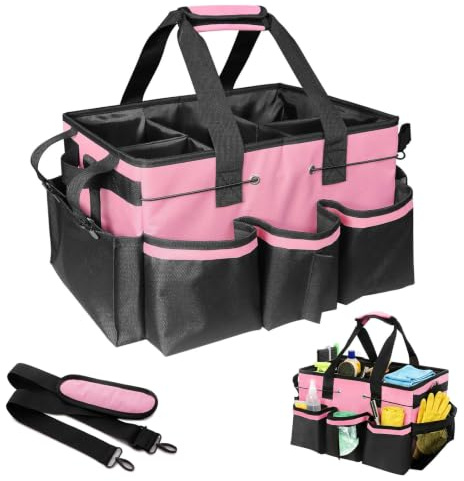 Winmist Glimpse Pink Cleaning Caddy Bag with Crossbody Strap & Handles, Wearable Large Capacity Tool Organizer Tote for Housekeepers, Car Detailing, Garden, Home – 36x26x23.5 cm