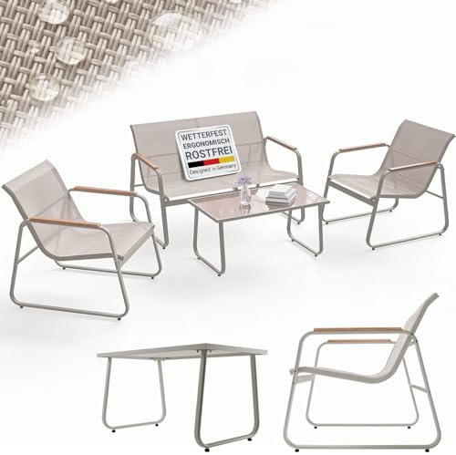Juskys Gartenmöbelset Genua 4-TLG. – Sand, Outdoor Sitzgruppe mit Armlehnen, Tisch & Bank, wetterfestes Textil, LongLife Stahlgestell