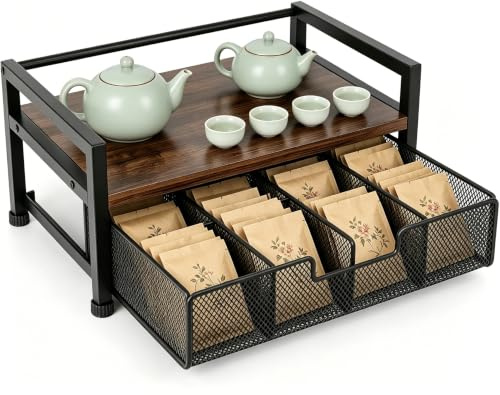 FARYODI Caja de metal con 8 compartimentos y cajón, soporte para bolsas de té, almacenamiento para encimeras, organizador de té compacto 33 x 20 x 15 cm para bolsas de té, té suelto y accesorios